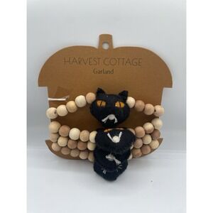 Wooden Bead & Black Cat Halloween 6' Garland‎ Felt Pom Pom New Harvest Cottage